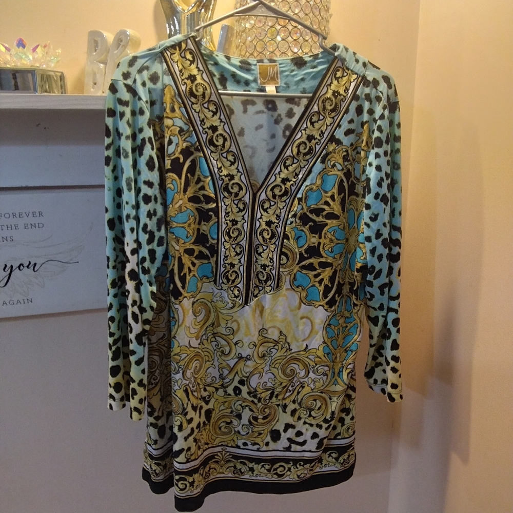 JM Collection Aqua and Gold Baroque Print Blouse